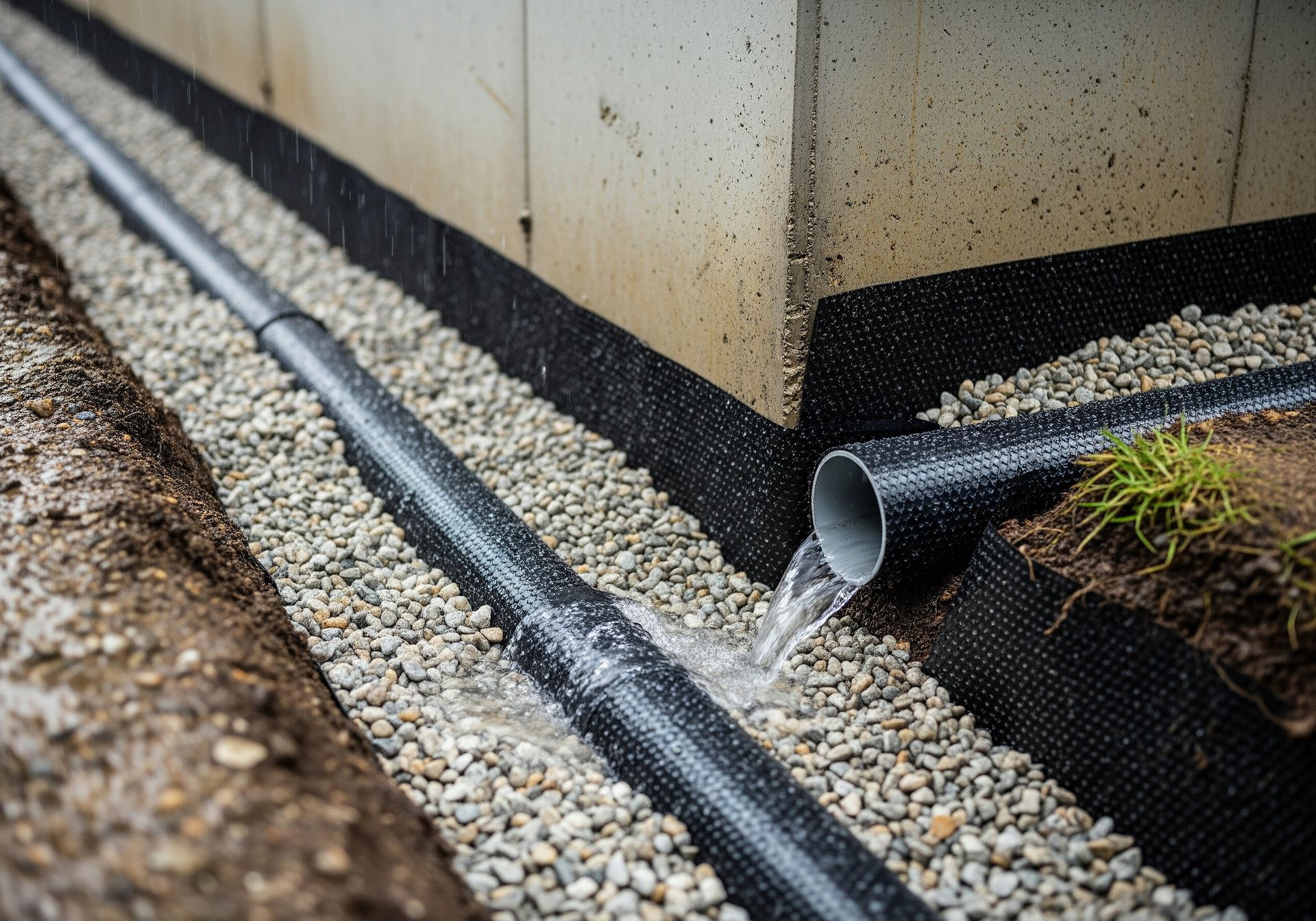 Black drainage pipe with water flowing into gravel, next to a concrete wall.