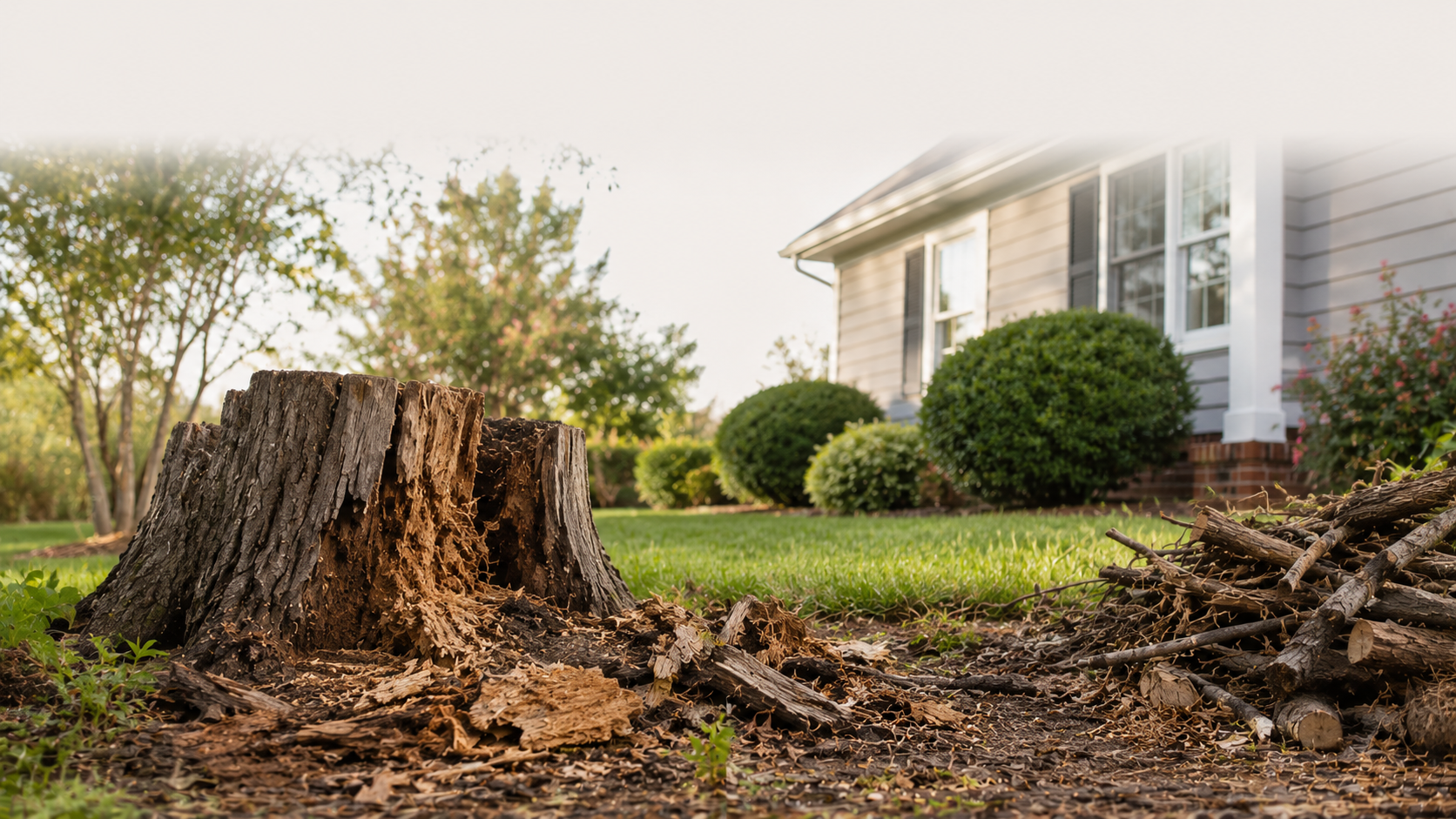 Large tree stump in a yard beside a suburban house, with wood chips and a pile of branches nearby.