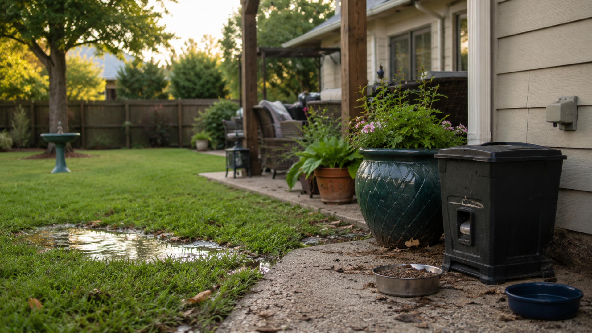 Backyard patio with potted plants, wet grass, and a black trash bin beside a house