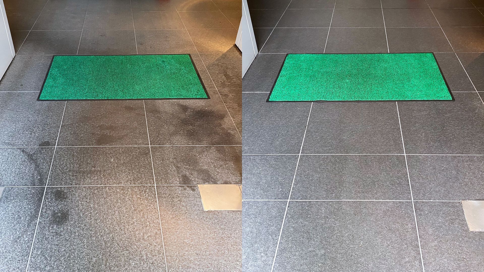 A before and after picture of a tiled floor with a green mat on it.