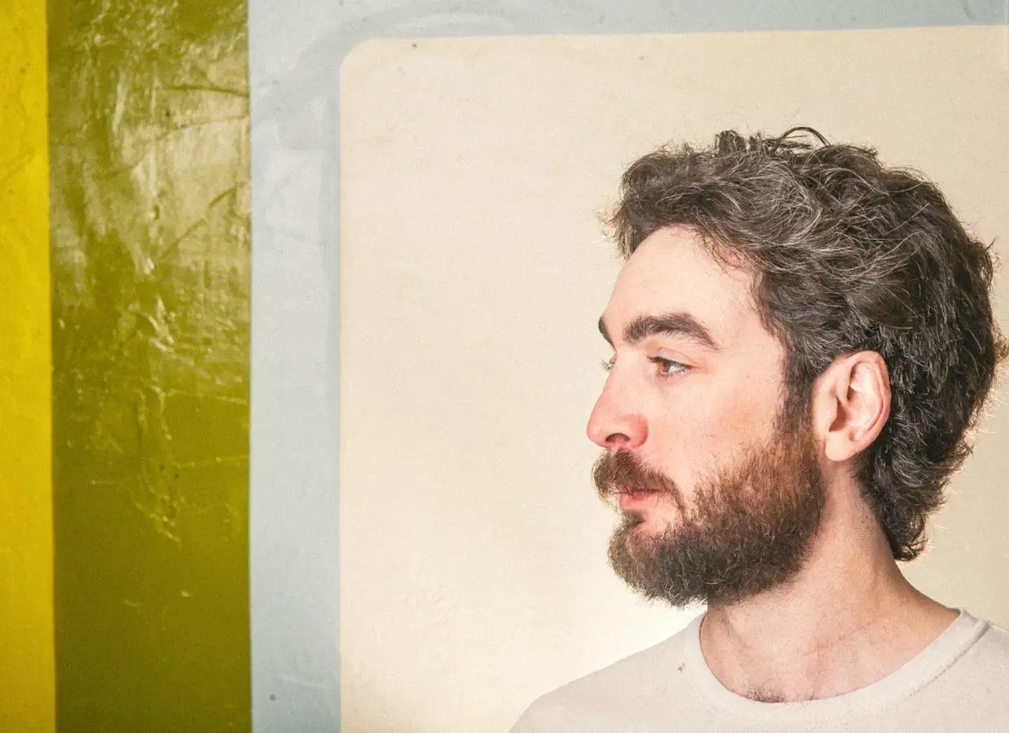 Profile of a bearded man against a beige wall with a green vertical stripe