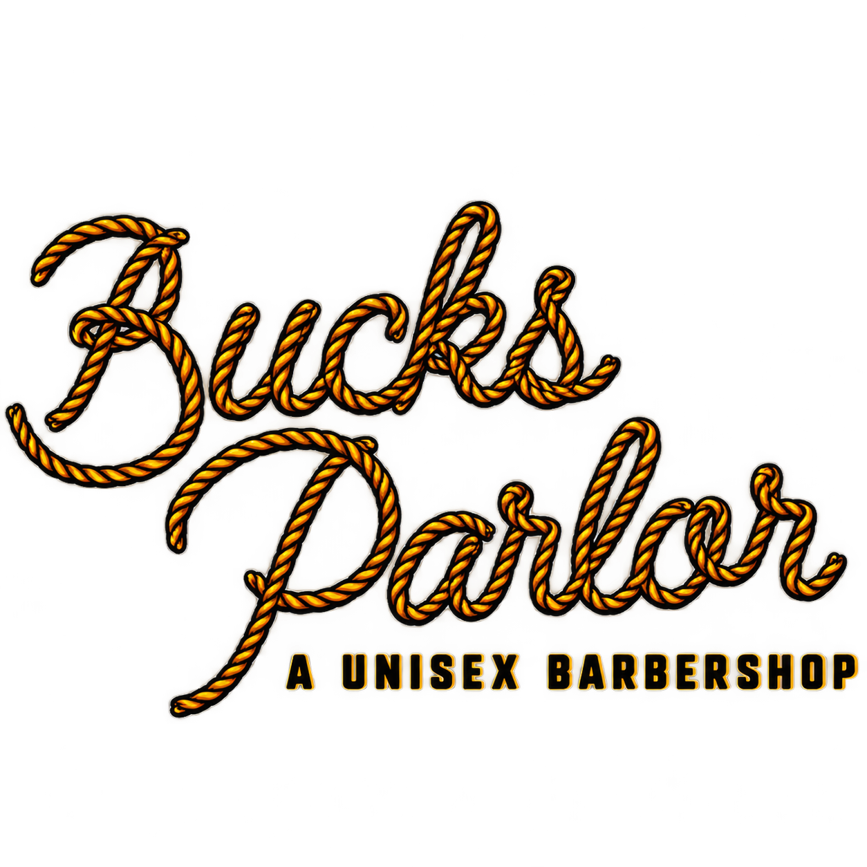 Logo reading “Bucks Parlor” in rope-style orange lettering, with “A Unisex Barbershop” below.