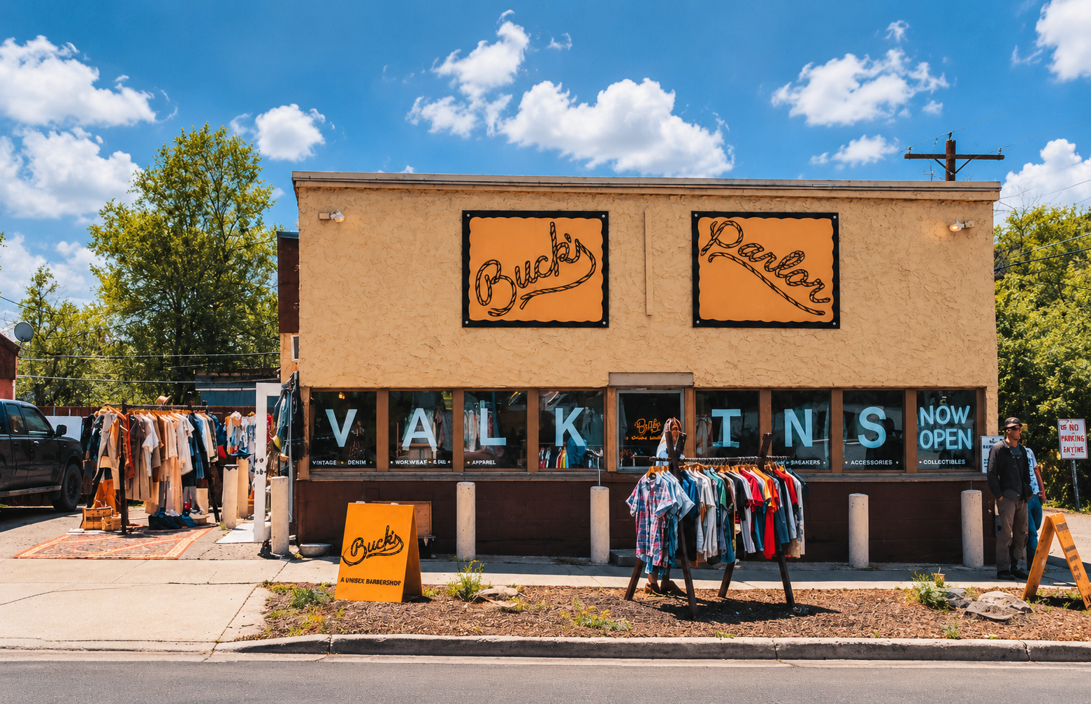 Outdoor clothing store with sale signs, racks of clothes, and “Walkins” storefront under a blue sky.