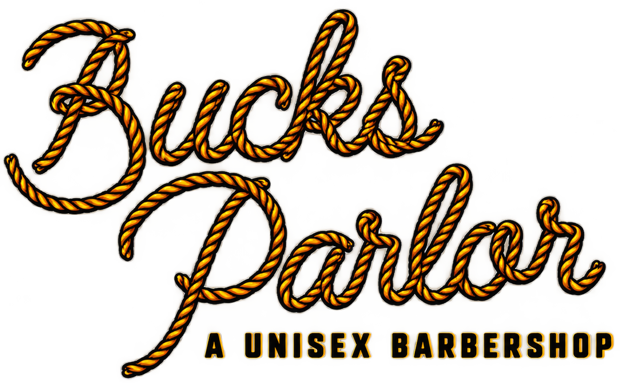 Buck's Parlor barber shop logo in braided brown script on white, with
