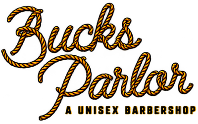 Buck's Parlor barber shop logo in braided brown script on white, with 