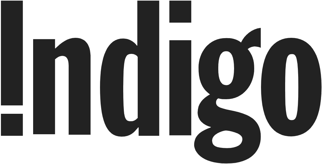 Le mot indigo est écrit en noir sur fond blanc.