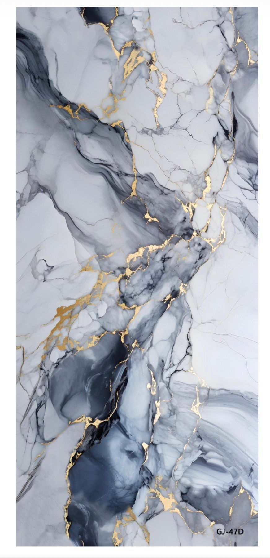 Abstract painting of marble with gold veins. White, gray, and gold colors swirl throughout.