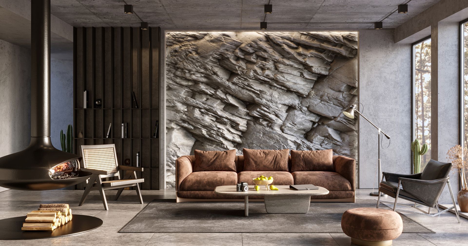 Modern living room with rock wall backdrop, brown sofa, fireplace, and large windows.