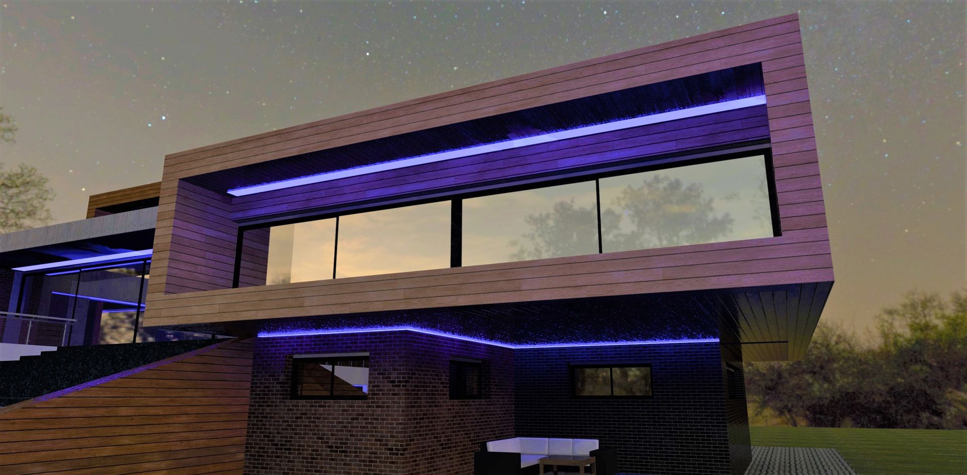 Modern building with wooden facade, large windows, and blue neon lights at dusk.