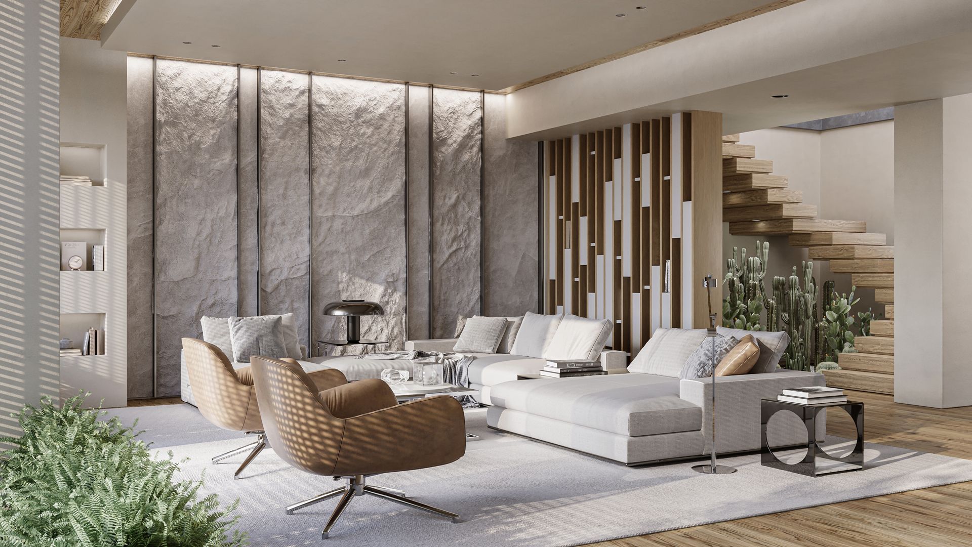 Modern living room with stone accent wall, white sofa, woven armchairs, and wooden stairs.