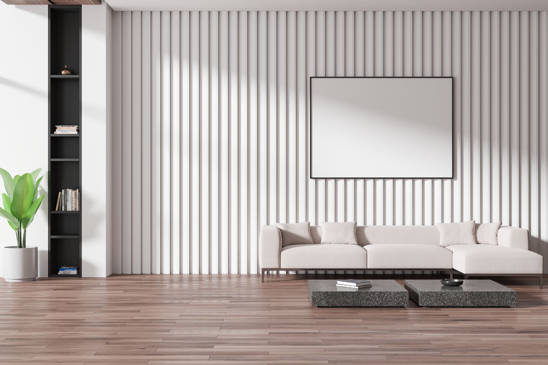 Modern living room with light sofa, coffee tables, and framed art.