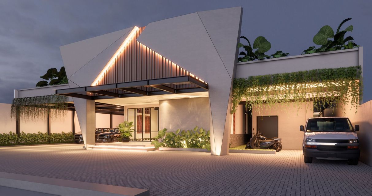 Modern building exterior at dusk, angled facade with warm lighting, foliage, and vehicle.