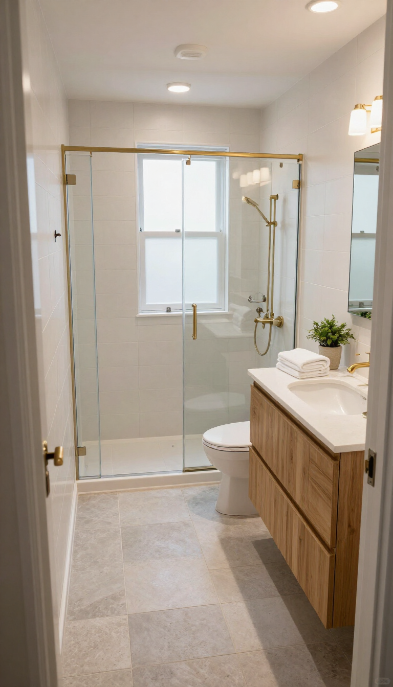 Bright bathroom with glass shower, wood vanity, toilet, and window.