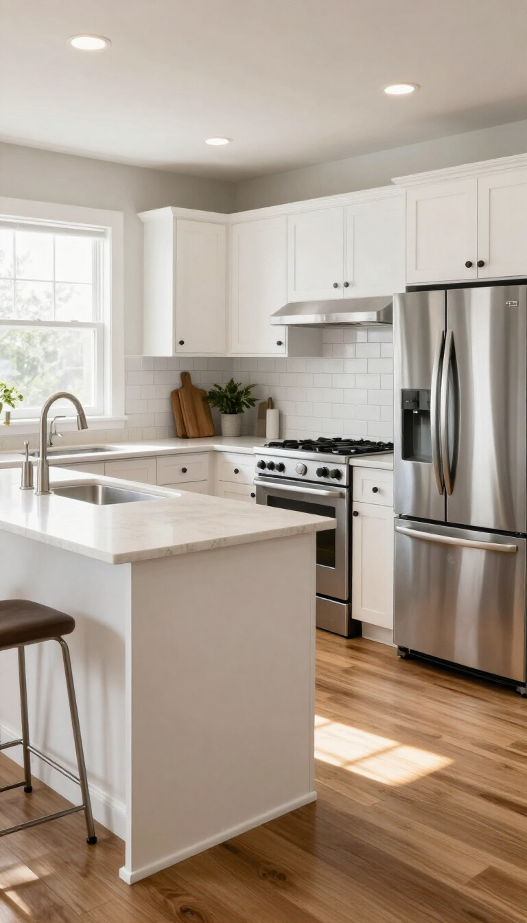 Bright modern kitchen with white cabinets, stainless steel appliances, and a white island.