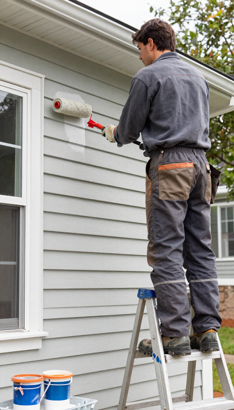 Person painting gray siding on a house while standing on a ladder