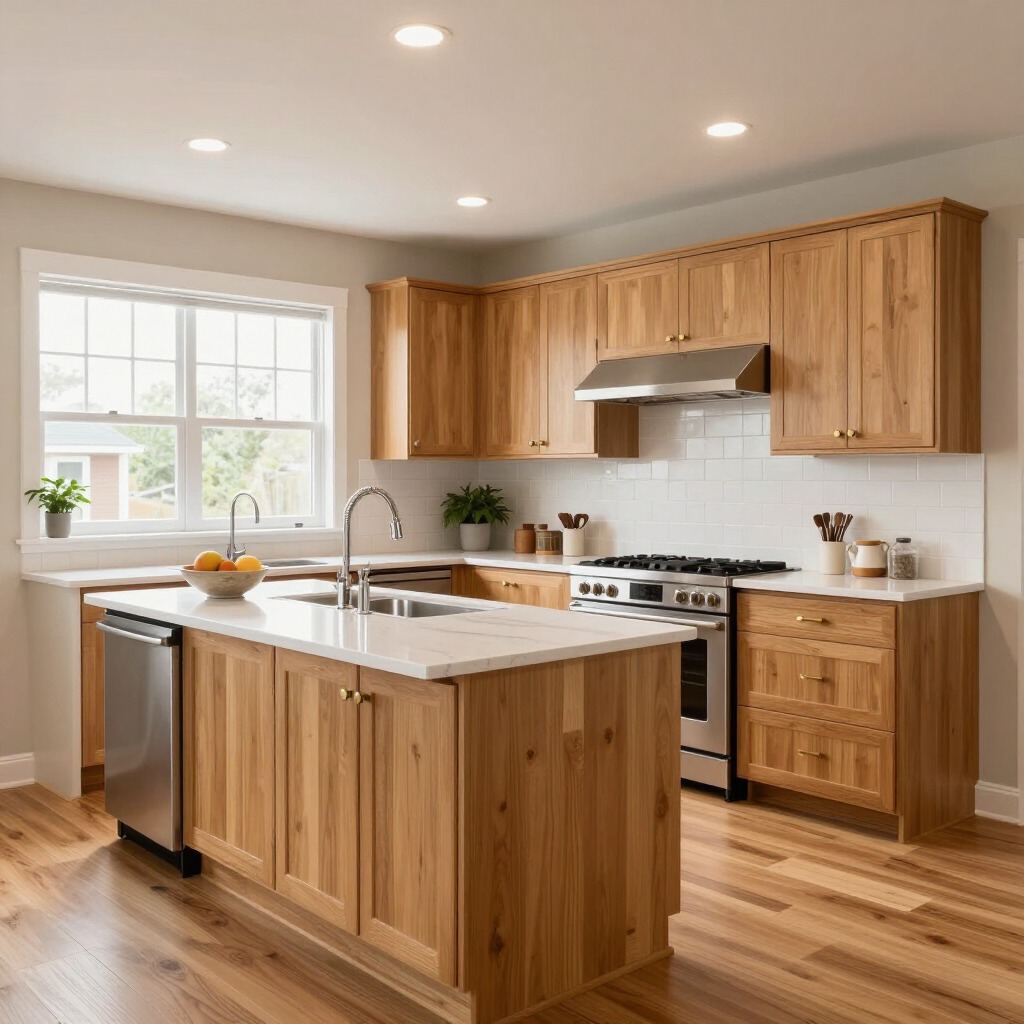 Bright modern kitchen with wood cabinets, island, stainless appliances, and large window.