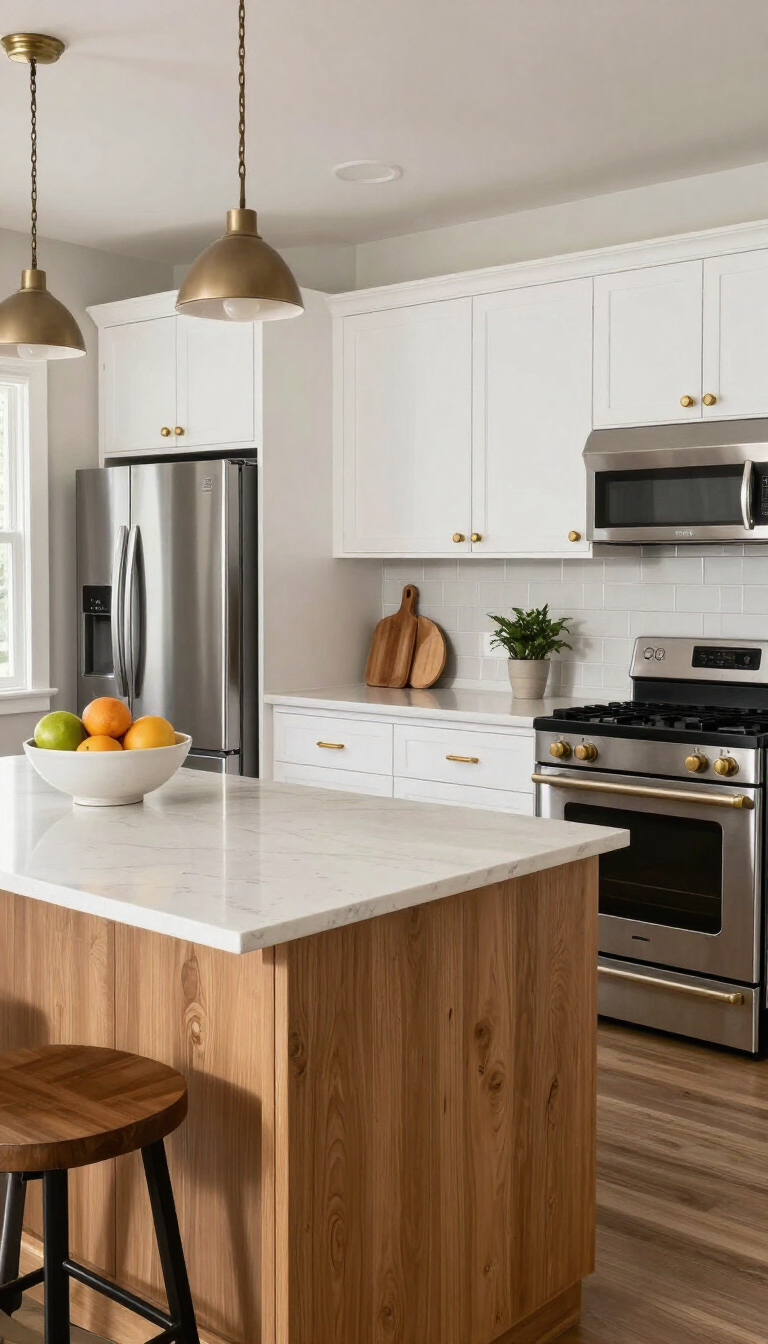 Modern kitchen with white cabinets, stainless steel appliances, wood island, and pendant lights.