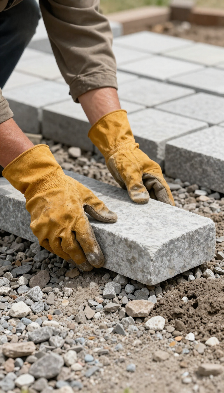 Gloved hands placing a gray paving stone onto a gravel patio base