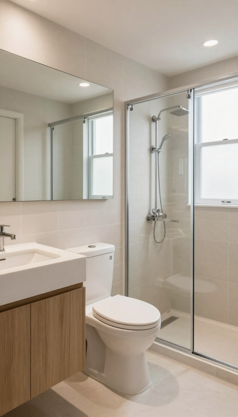 Bright modern bathroom with toilet, sink, glass shower, and large mirror.