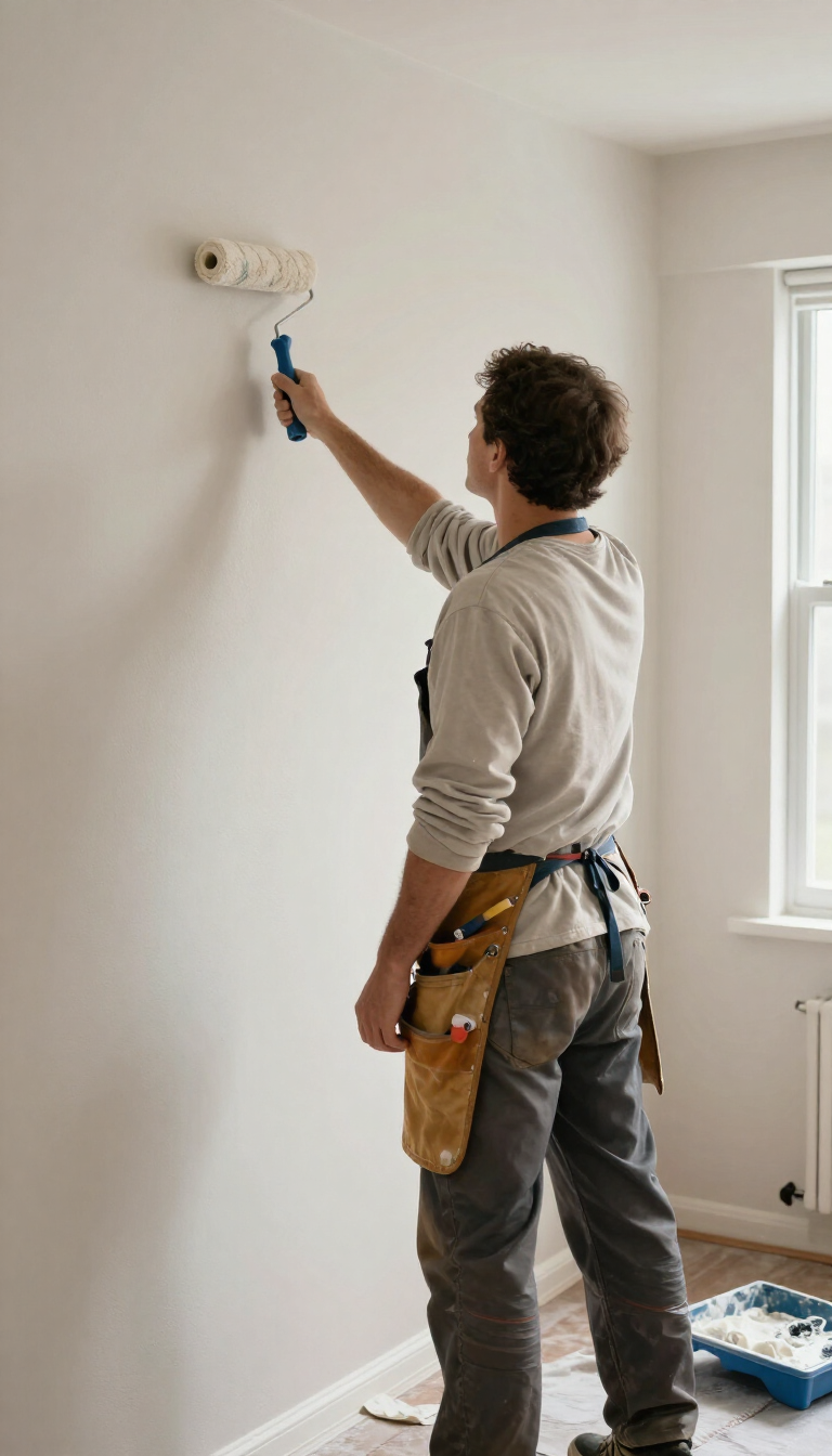 Person painting a white wall with a roller in a bright room, standing on the floor beside a window.