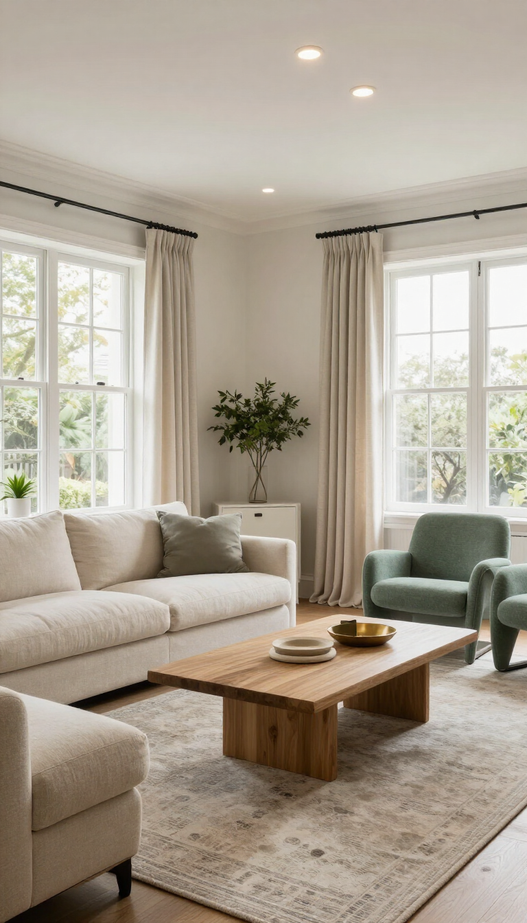 Bright living room with beige sofa, green chair, wooden coffee table, and large windows with curtains.