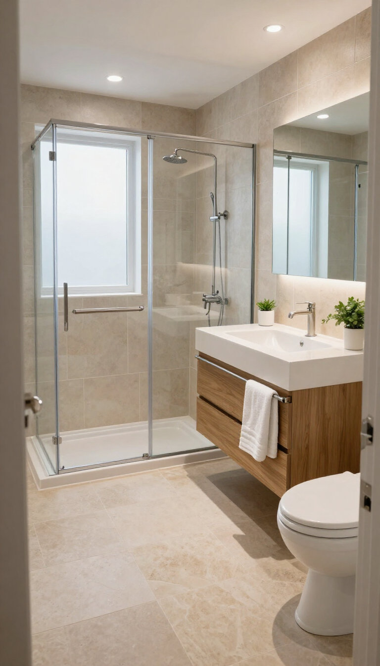 Modern bathroom with glass shower, floating wood vanity, and toilet beside a bright window