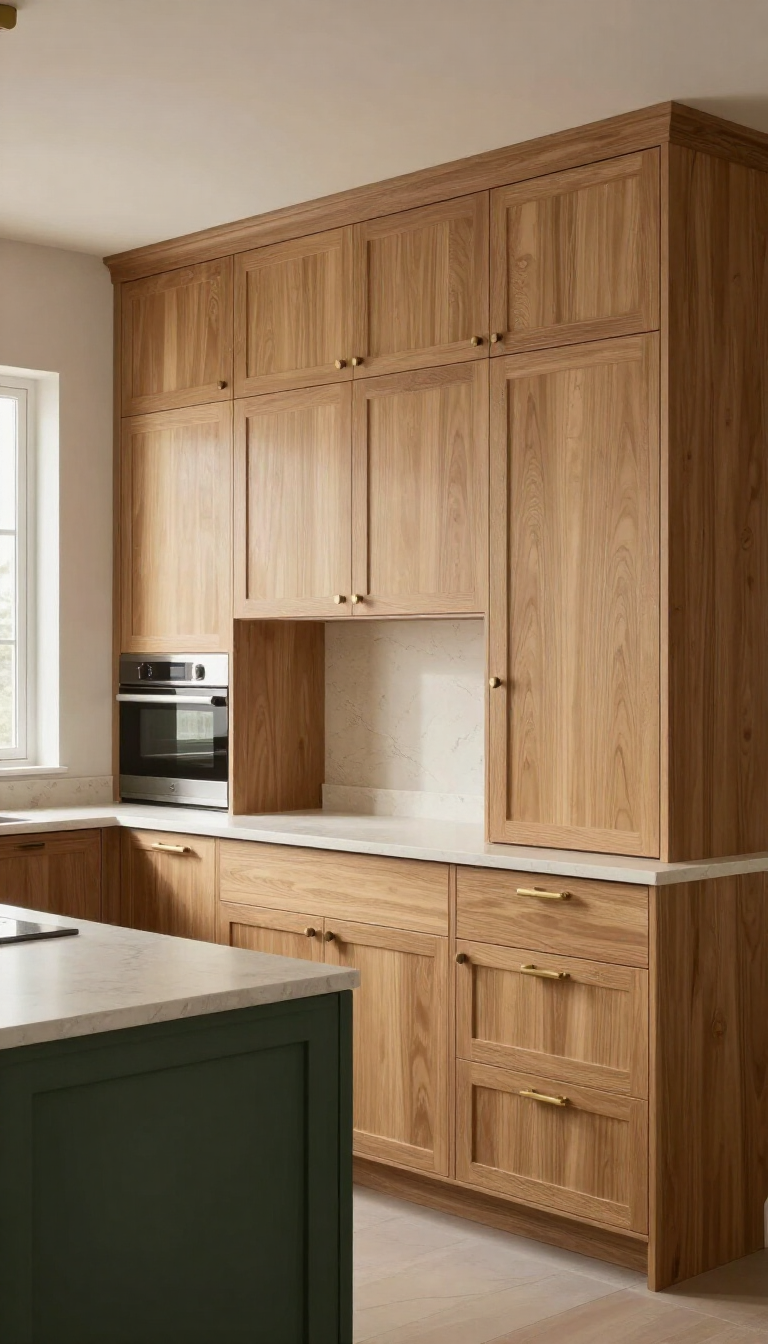 Built-in wooden kitchen cabinets and appliances with a window and countertop island