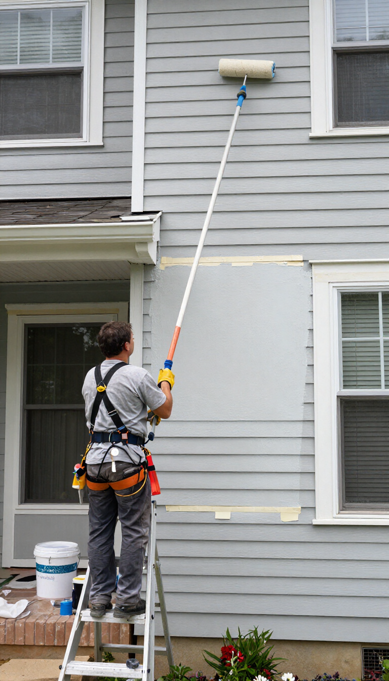 Person on ladder painting an exterior house wall with a long roller pole