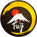 Fuji logo with red sun, white Mount Fuji, and yellow brushstroke circle on black background
