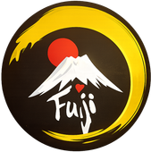 Fuji logo with red sun, white Mount Fuji, and yellow brushstroke circle on black background