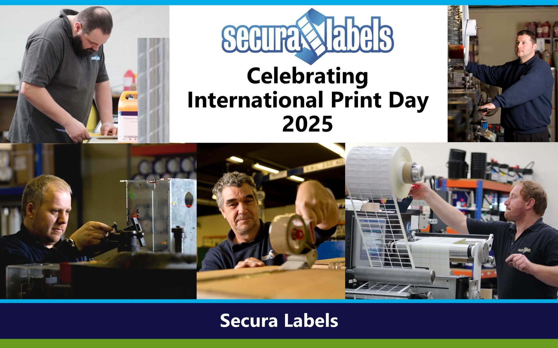 Celebrating International Print Day 2025 A celebratory collage showcasing five different employees engaged in various tasks related to label printing and production.