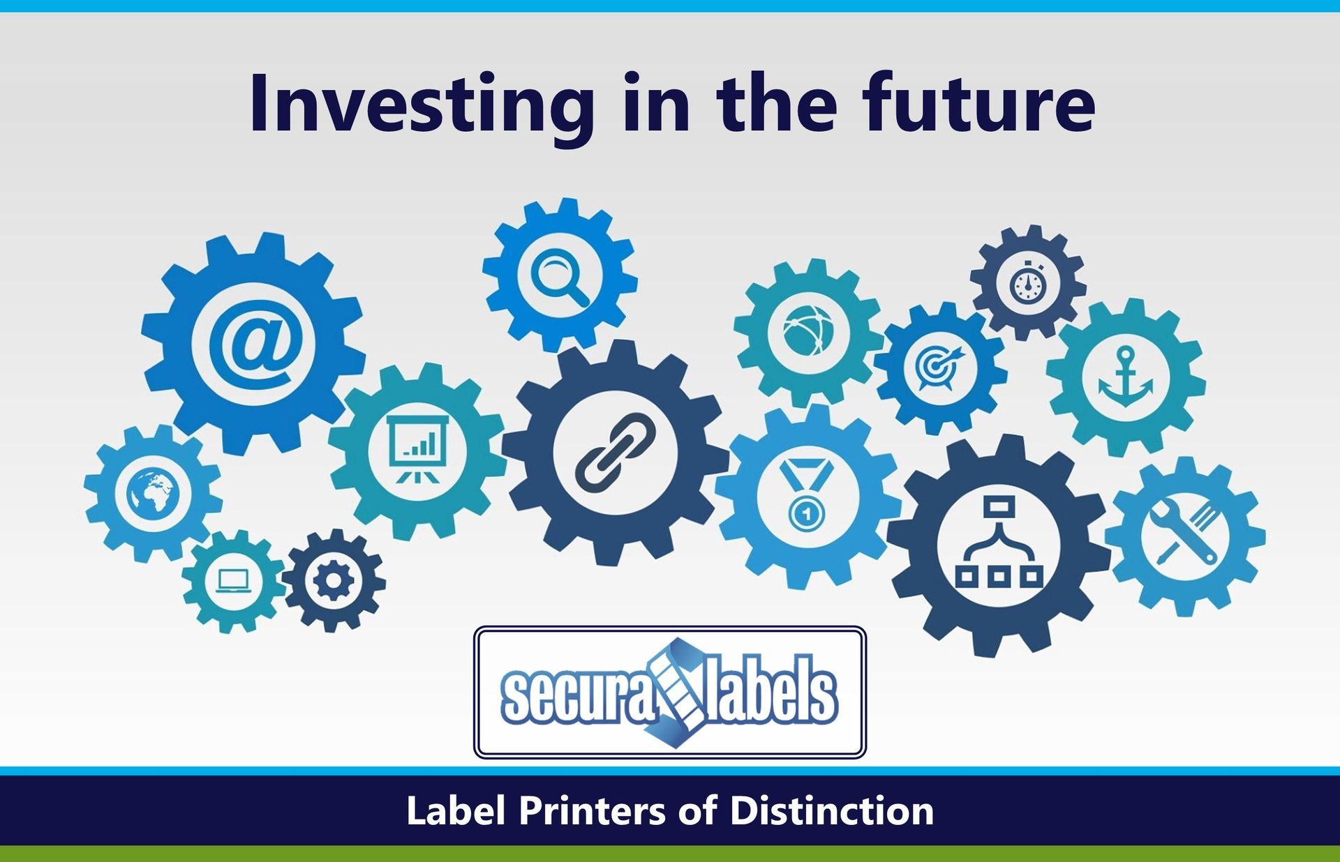 New ERP system loading Graphic with interconnected blue gears containing icons such as email, search, chart, target, stopwatch, anchor, medal, and tools. At the top, bold text reads 'Investing in the future.'