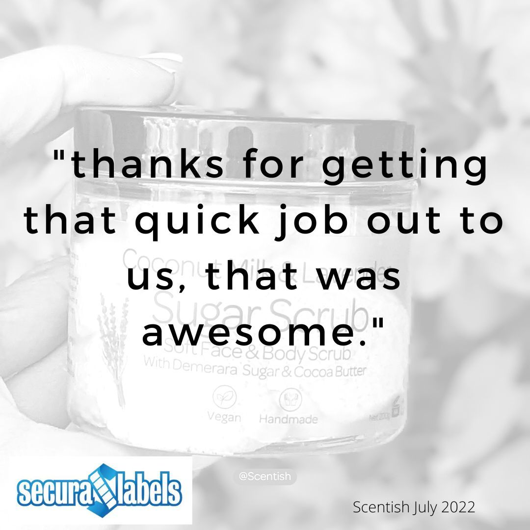 Testimonial for Secura Labels saying 'Thanks for getting the job out to us, that was awesome.'
