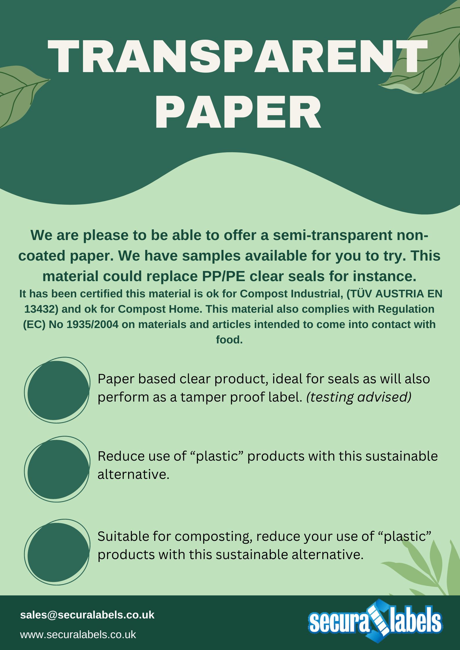 Picture of a Secura Labels flyer promoting semi-transparent non-coated paper labels