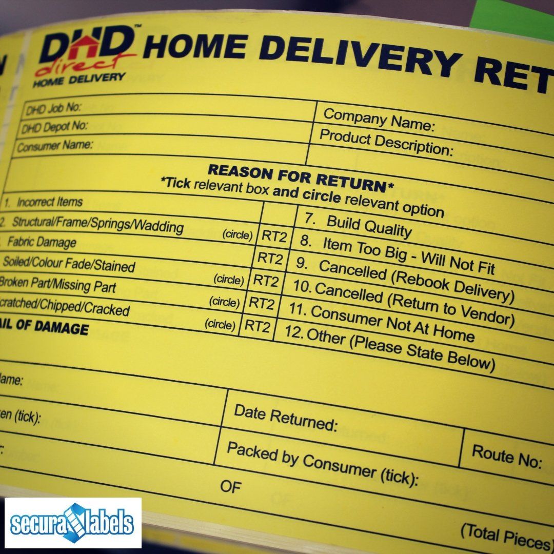 Close up of a yellow distribution returns label