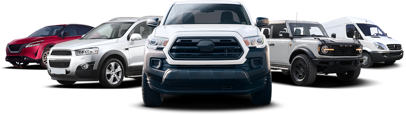 Four pickup trucks and SUVs in a row on a white background, centered on a blue truck | Mears Automotive