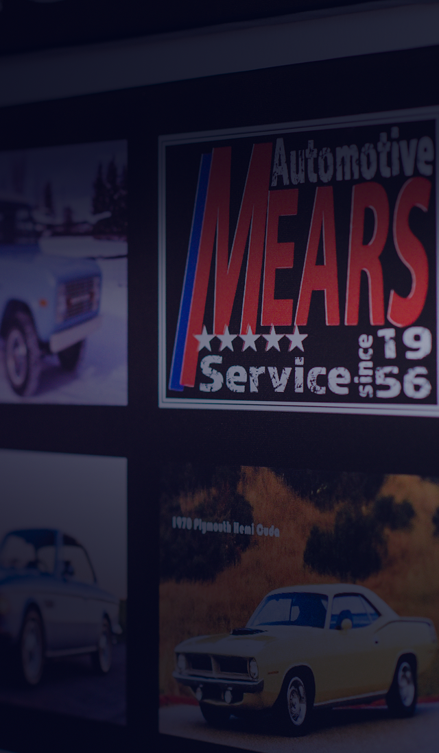 Collage of vintage car photos with a central sign reading “Mears Automotive Service” | Mears Automotive