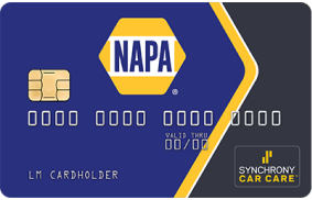 Blue NAPA Synchrony car care credit card with gold accents and chip | Mears Automotive