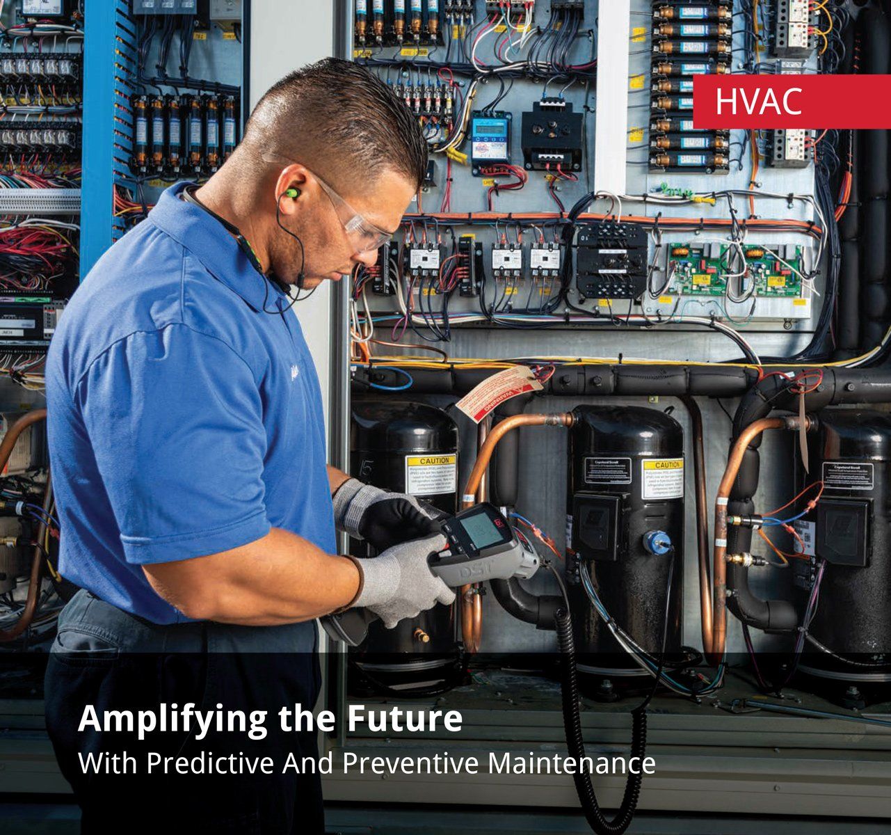 DST HVAC - DST product catalog technician inspecting electrical equipment, with small tool and meter.