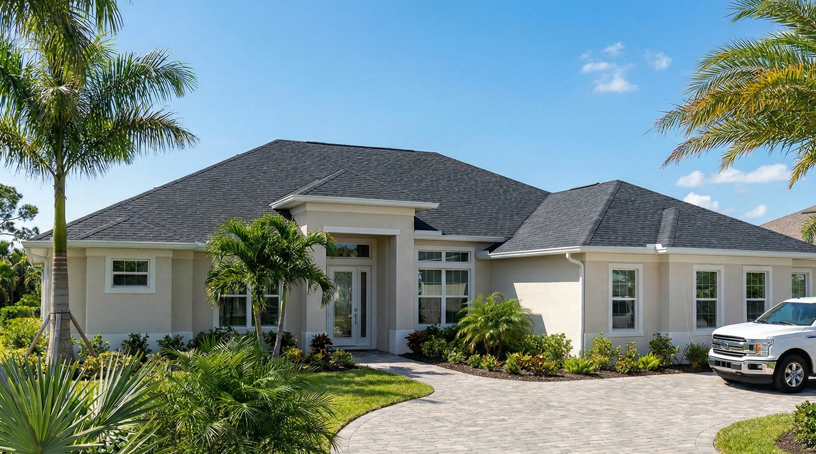 Single-story beige house with a dark gray shingled roof, a paved driveway, and palm trees under a bright blue sky.