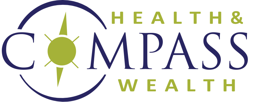 Health & Compass Wealth logo with purple compass and green sun icon, green and purple text