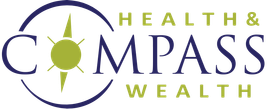 Health & Compass Wealth logo with purple compass and green sun icon, green and purple text