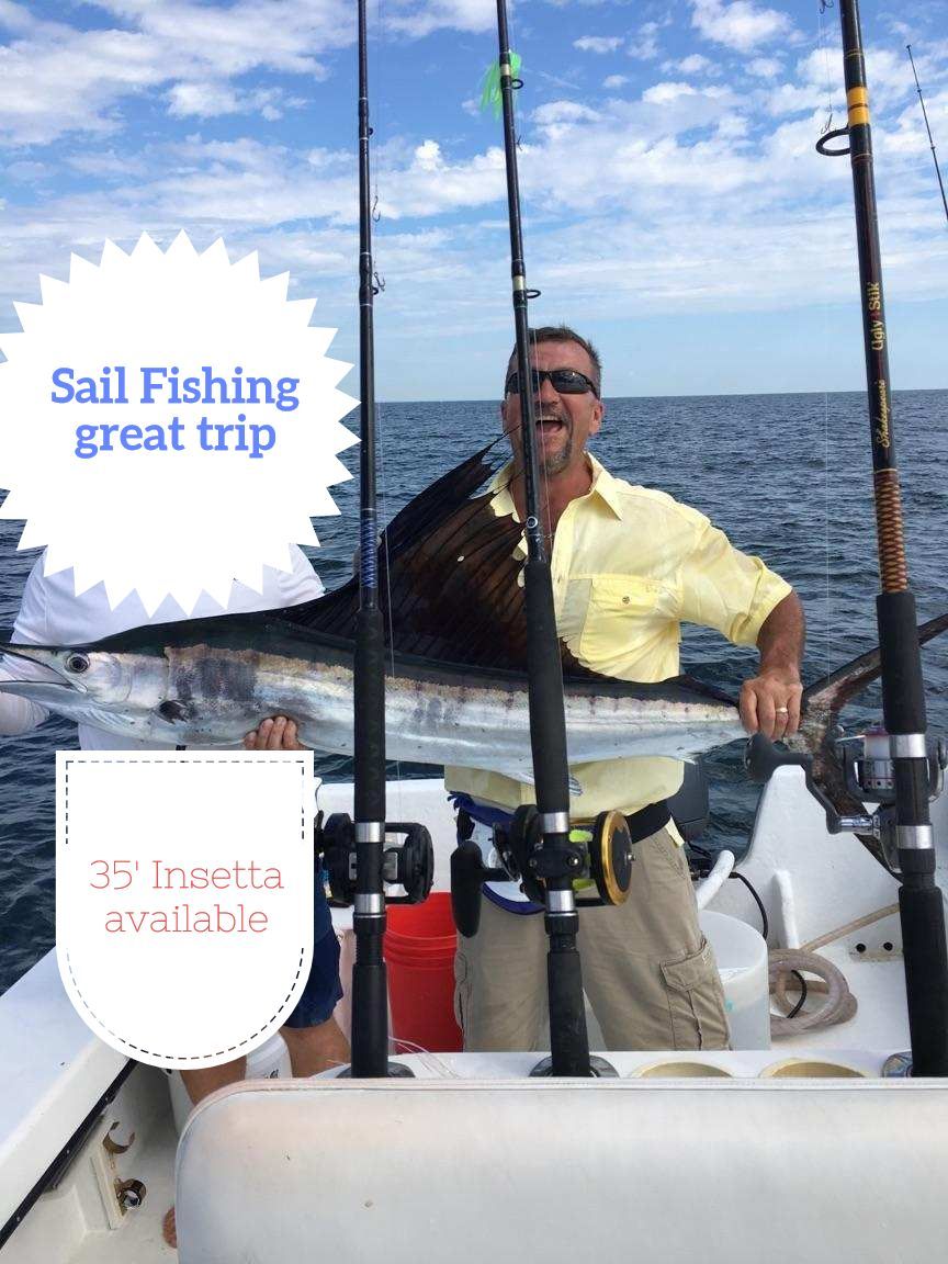 Charter fishing Man on boat, holding large sailfish. Ocean in background, fishing rods visible.