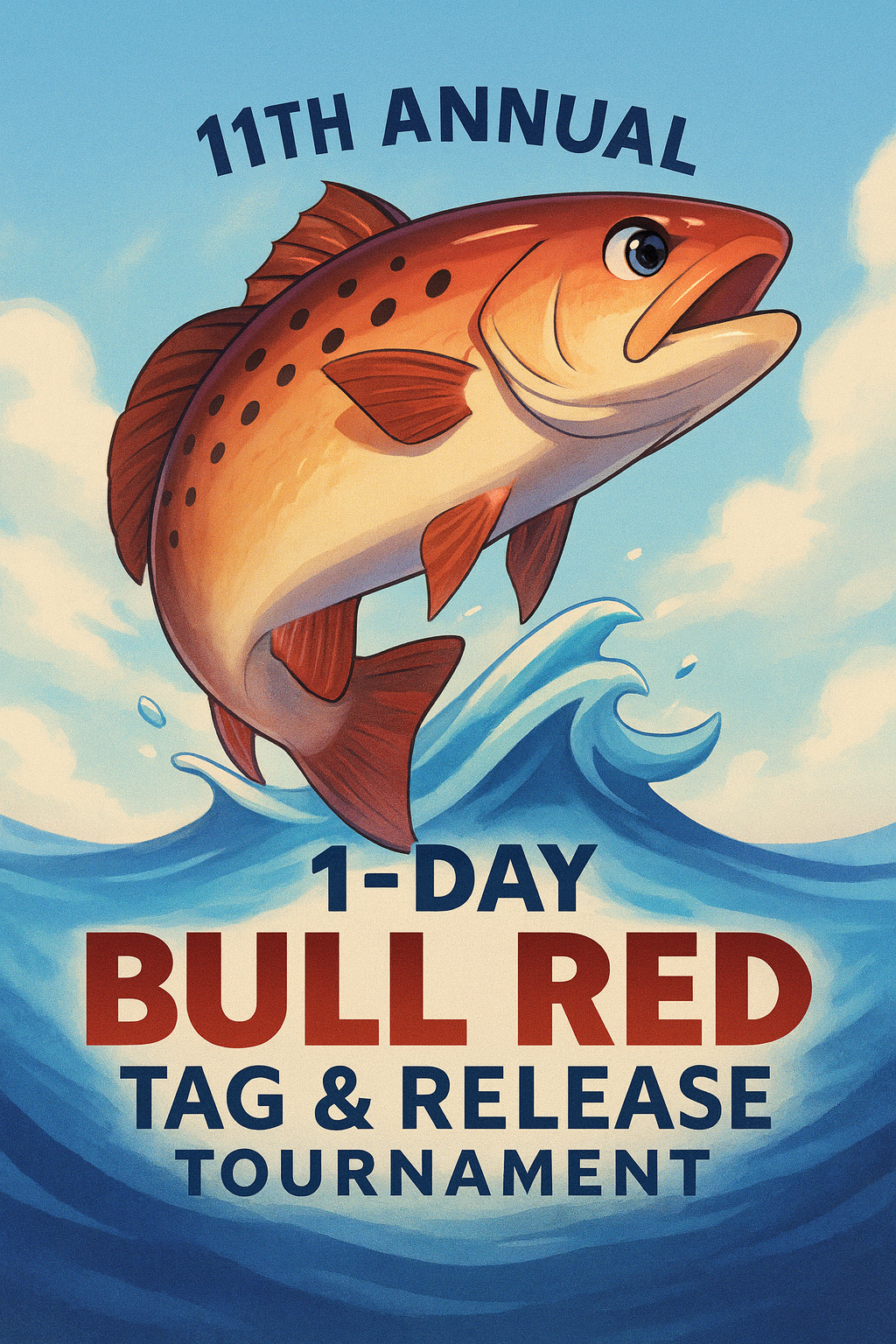 annual tournament Poster for 11th Annual Bull Red Tag & Release Tournament. A red fish jumps from blue water.