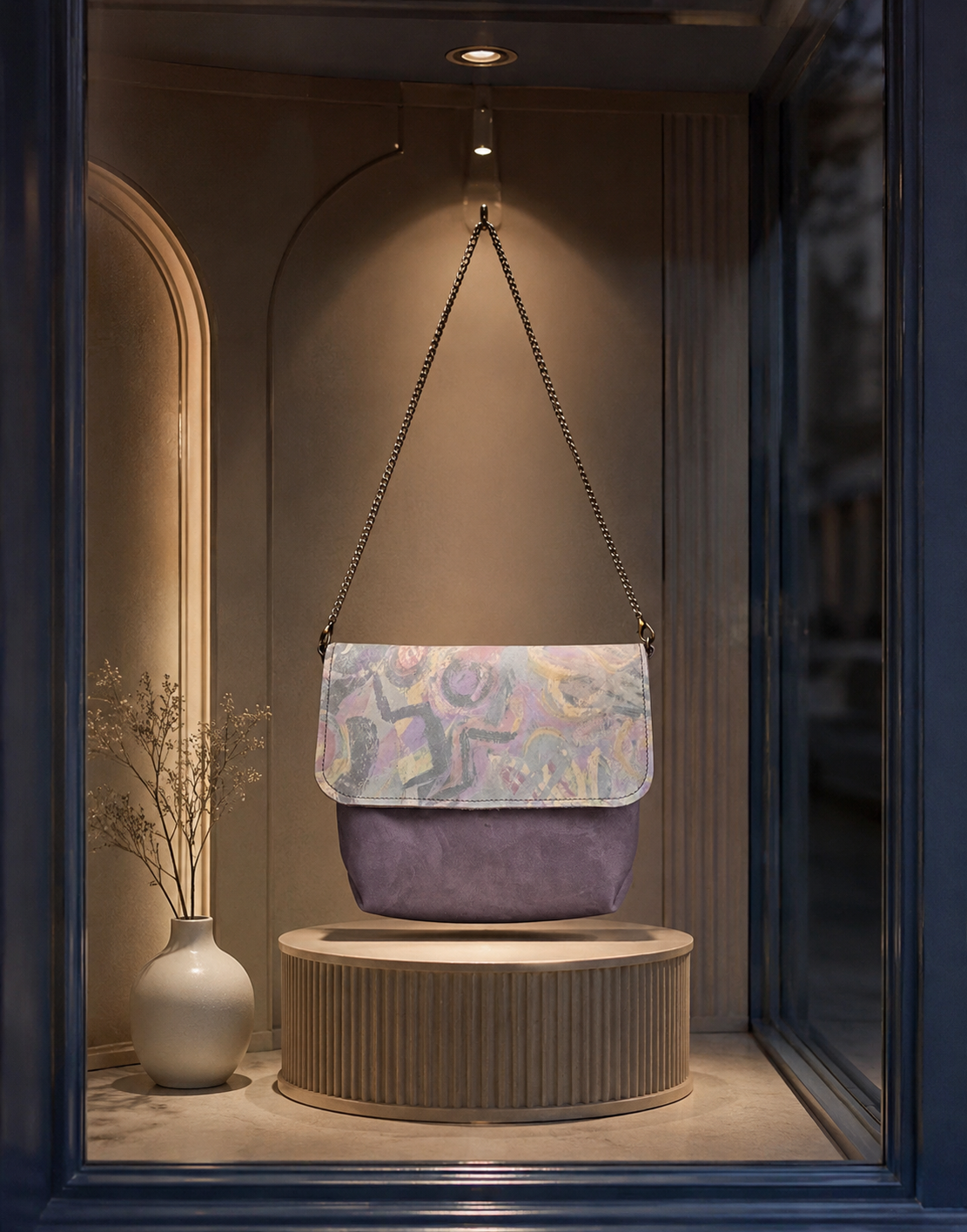 Lavendelkleurige handtas op een rond voetstuk in een vitrine in een boetiek, warm verlicht.