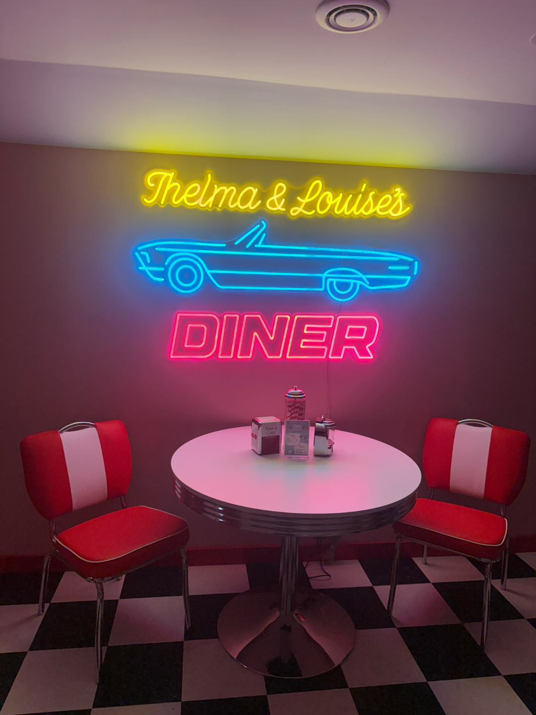 Diner interior with neon sign 