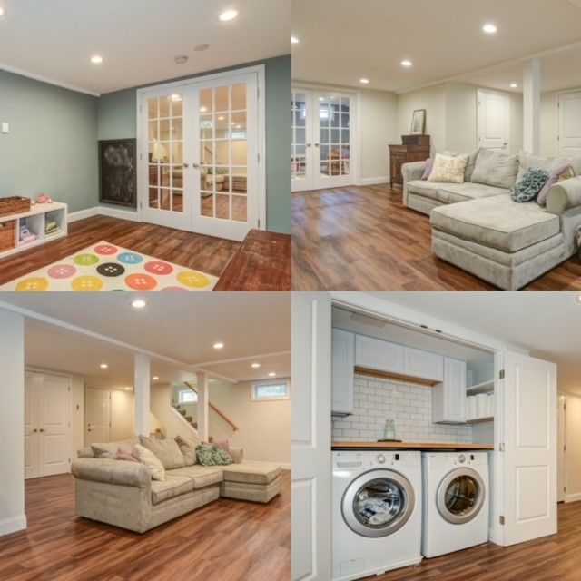 Bright finished basement with play area, sectional sofa, and laundry nook with washer and dryer