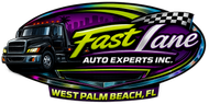 Fast Lane Auto Experts logo with a black car, neon green and purple oval, checkered flag, West Palm Beach, FL