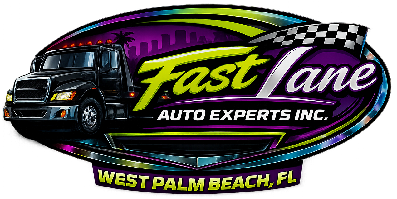 Fast Lane Auto Experts logo with a black car, neon green and purple oval, checkered flag, West Palm Beach, FL