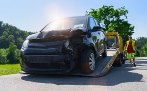 Damaged black car on a tow truck ramp with two workers in safety vests roadside